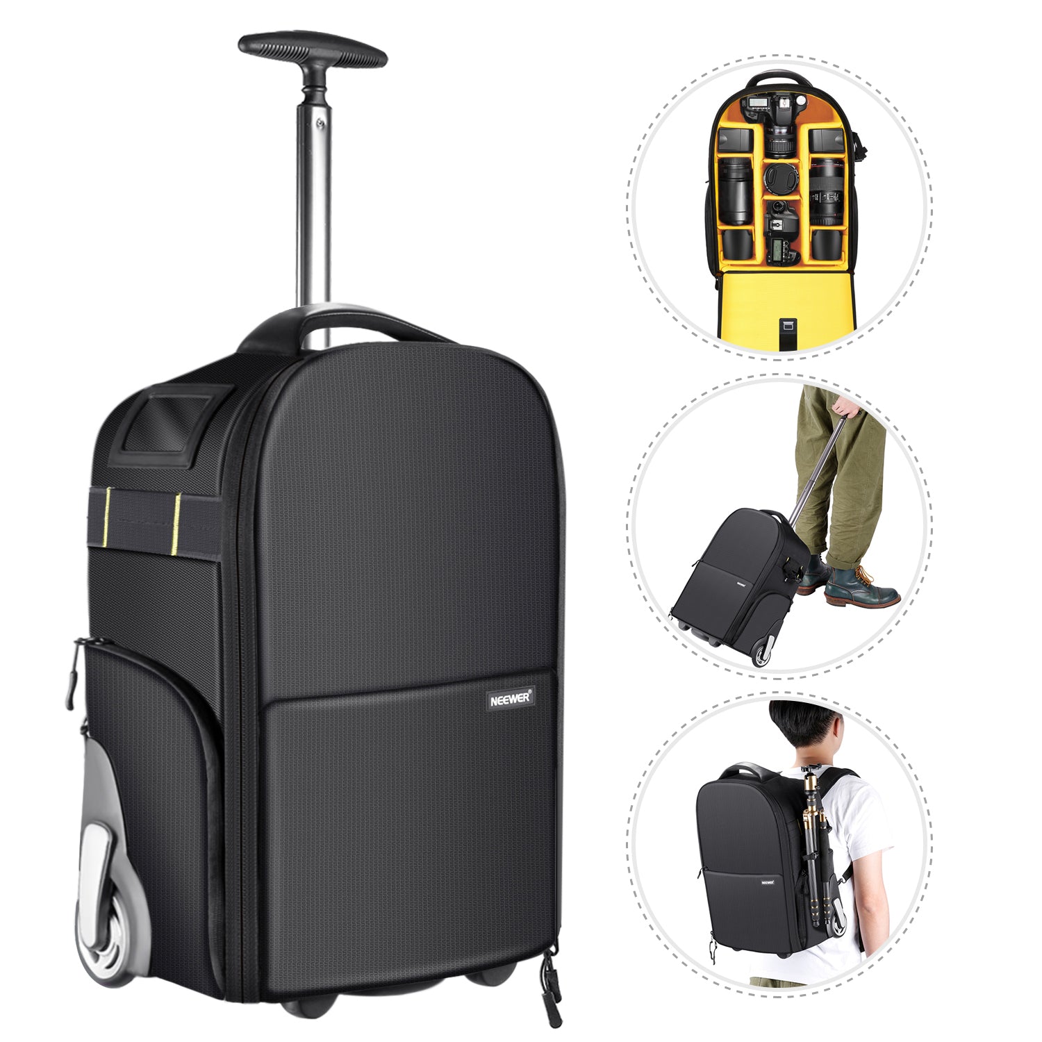 NEEWER 2-in-1 Rolling Backpack with Wheels, 19.2x12.9x7.87 Inch Carry-On Trolley Luggage for Travel, Business & School - Convertible Duffle Bag & Backpack for Airplane, Commuting & Outdoor Adventures