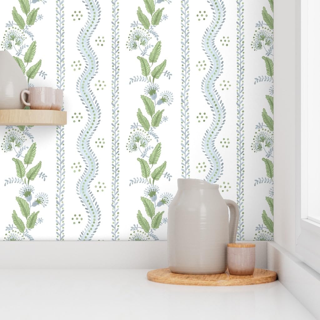Peel & Stick Removable Wallpaper 3ft x 2ft - Soft Blue Green White Stripes with Floral Dots | Traditional Custom Wall Decal for Bedroom, Nursery & Home Office Decor