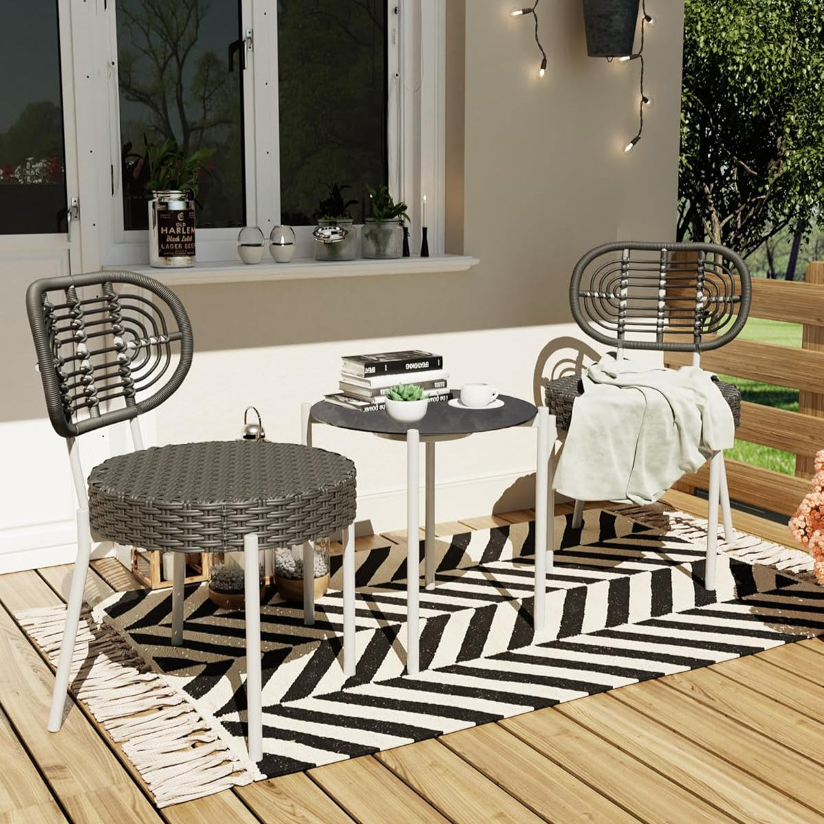 GARVEE 3-Piece Outdoor Patio Bistro Set - White & Grey Wicker Rattan Chairs with Table - Durable Garden Furniture for Backyard, Deck, Poolside & Balcony Use