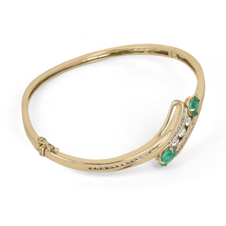 1.95tcw 14K Gold Medium Yellowish Green Emerald Round Cut Triple Diamond Accent Bangle Bracelet for Women - Elegant Jewelry Gift for Birthday, Anniversary & Special Occasions