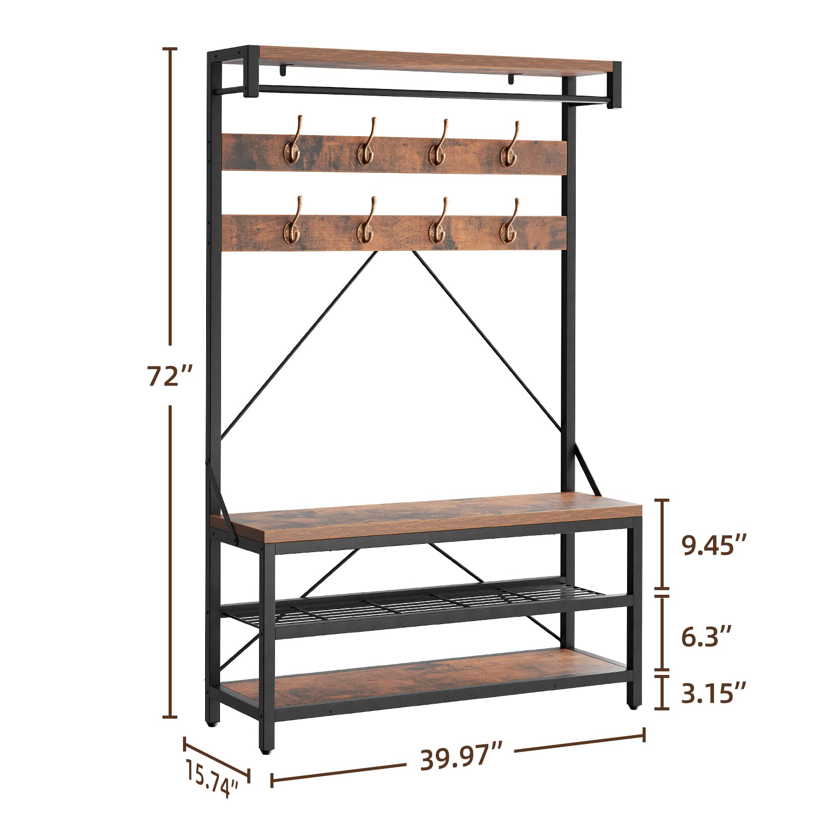 IDEALHOUSE 5-in-1 Entryway Hall Tree with Coat Rack, Shoe Storage Bench & Hanging Hooks - Rustic Brown Wood Look Storage Organizer for Entry, Mudroom, or Bedroom (39.9