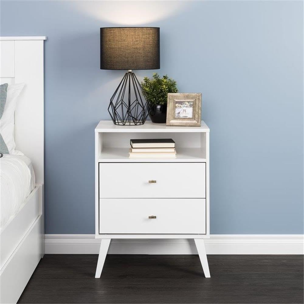 Mid Century Modern Nightstand Set of 2 - White 2-Drawer Tall Bedside Table for Bedroom, Living Room & Guest Room - Home Square Furniture