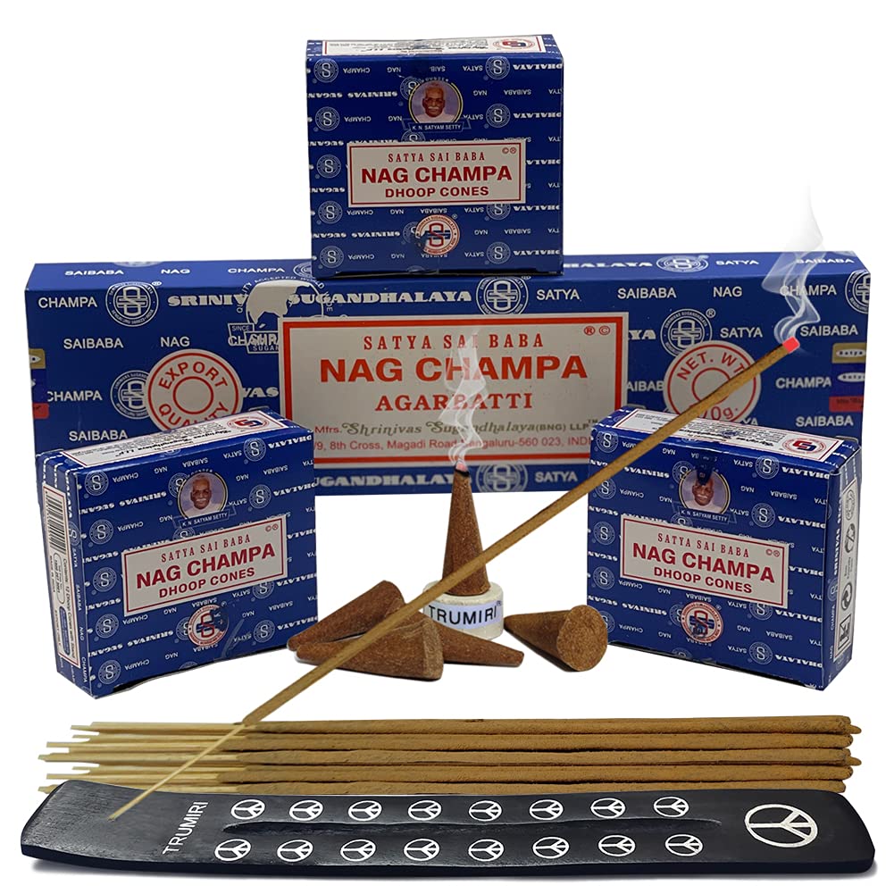 Satya Nag Champa Incense Sticks & Cones Variety Pack - 100g with Burner Holder | Natural Aromatherapy for Meditation, Yoga & Home Relaxation | Smudging & Spiritual Cleansing