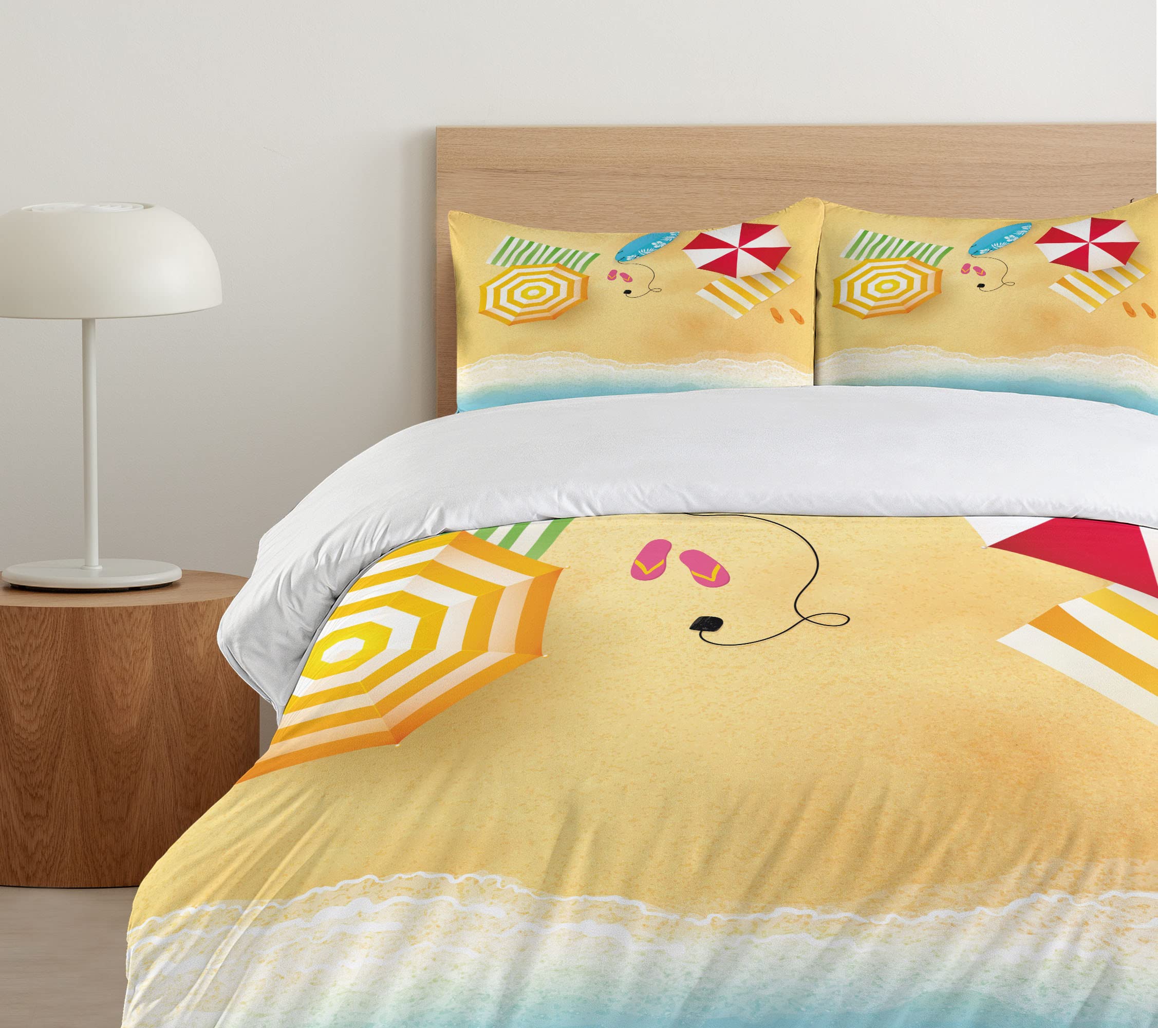 Ambesonne Beach Duvet Cover Set - Queen Size 3 Piece Coastal Bedding with Wave & Umbrella Design, Summer Themed Decorative Comforter Cover & 2 Pillow Shams | Perfect for Beach House Decor, Vacation Rental Bedrooms & Coastal Themed Master Suites