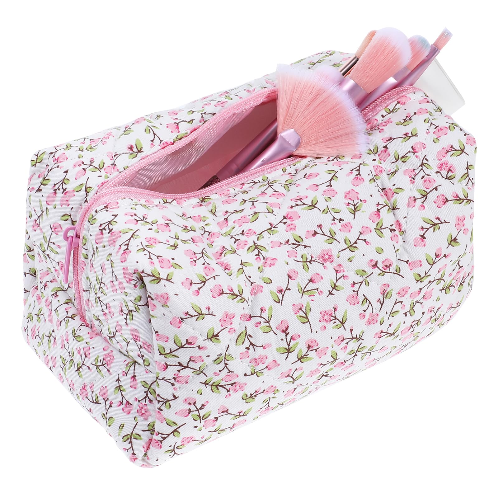 Quilted Floral Cosmetic Bag for Women - Cute Pink Makeup Organizer & Travel Toiletry Pouch | Portable Zippered Storage for Makeup Brushes, Lipsticks & Skincare | Perfect for Travel, Gym & Daily Use