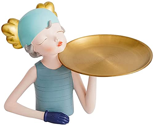 Blue Girls Figurine with Storage Tray - Decorative Sculpture Statue Holding Desk Organizer for Office, Living Room Table, and Home Decor | Perfect for Storing Small Items, Enhancing Workspace, and Adding Stylish Touch to Any Room