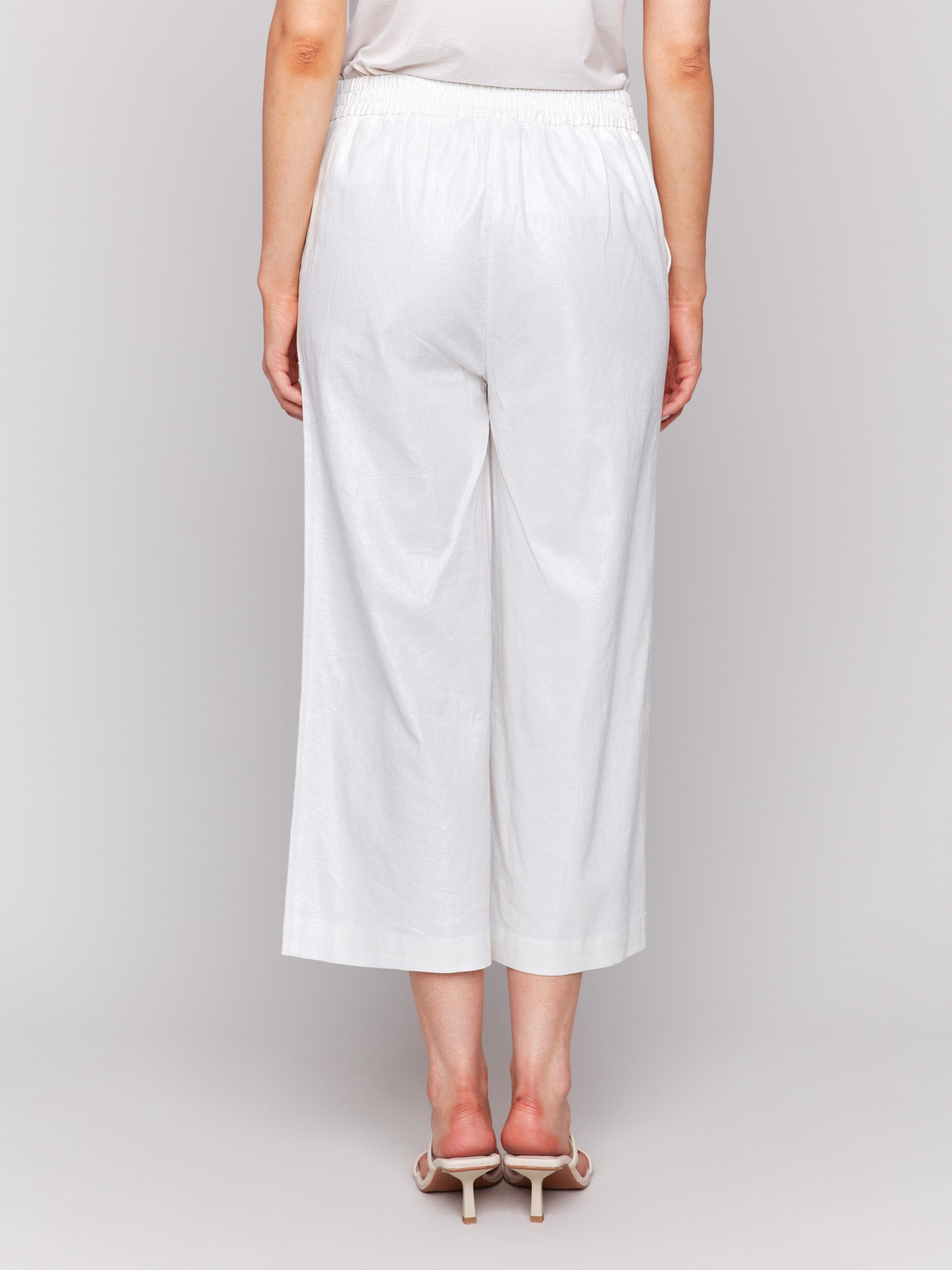 Stylish Foil Linen Blend Cropped Pull On Pants in Champagne - Perfect for Casual Outings & Summer Vacations