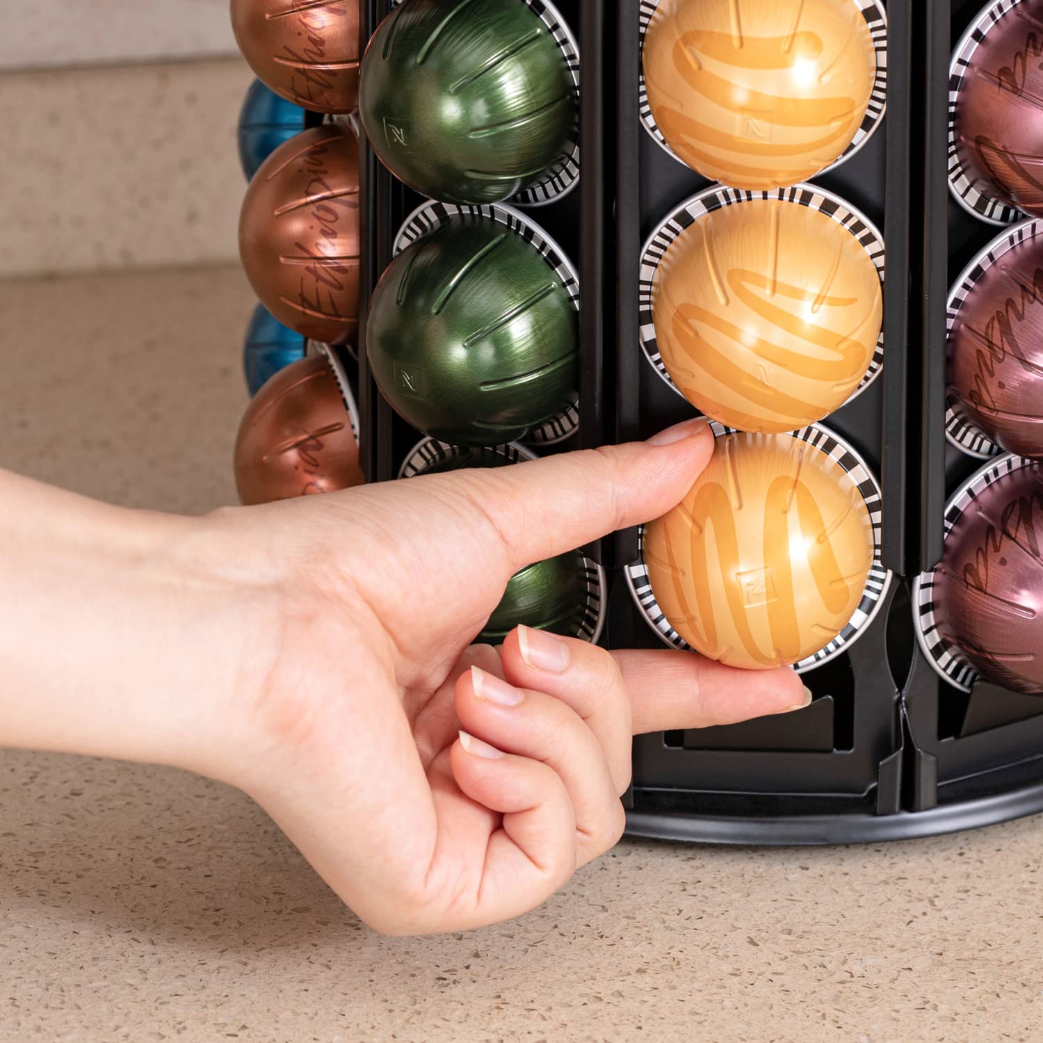 FlagShip 360° Rotating Coffee Pod Holder for Nespresso Vertuo – Silent Rolling Carousel with Extra Storage Space (Holds 100+ Pods) – Perfect for Kitchen Countertops & Office Coffee Stations