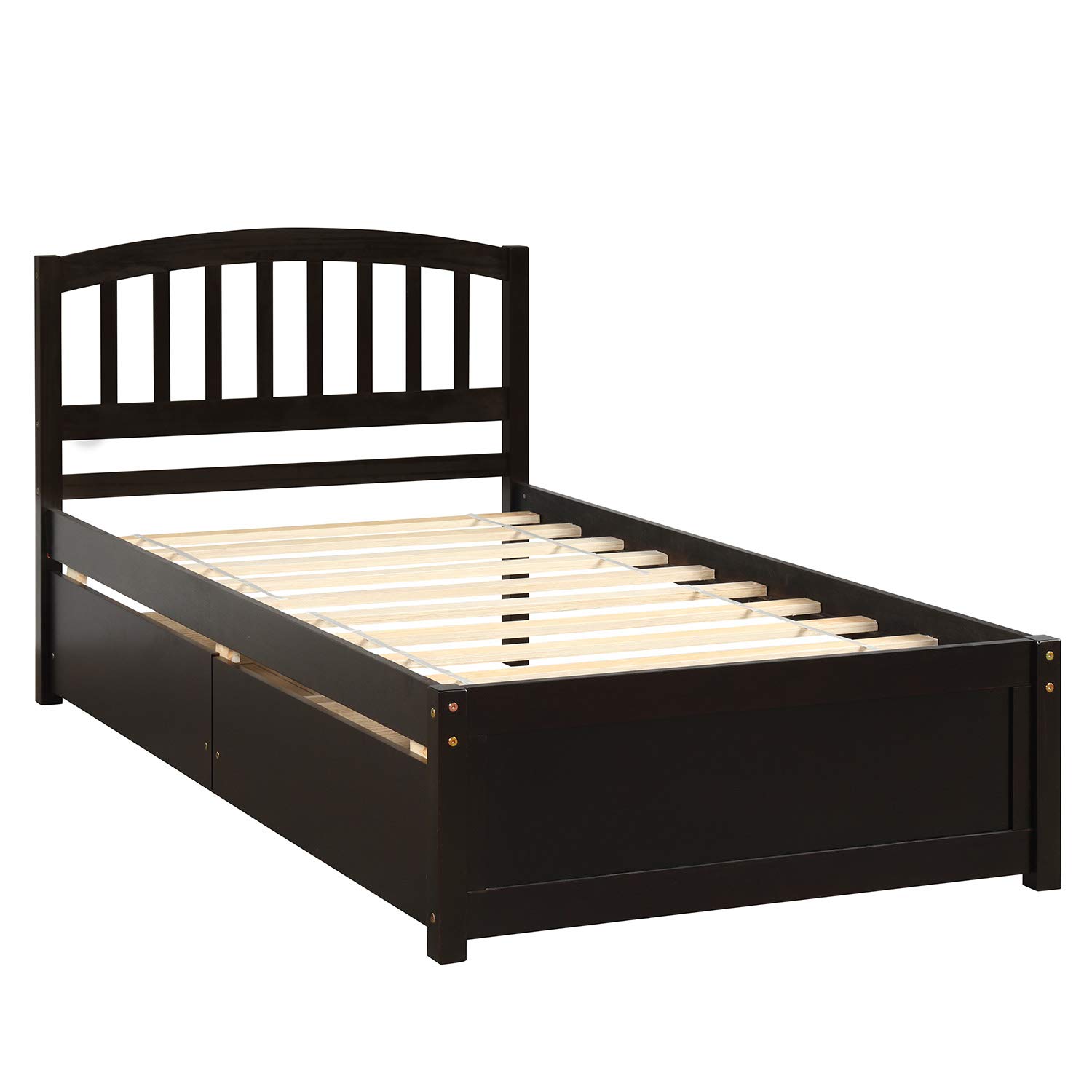 Solid Wood Twin Platform Storage Bed Frame with Headboard & 2 Drawers - Espresso Finish - Perfect for Small Bedrooms, Guest Rooms & Kids' Rooms