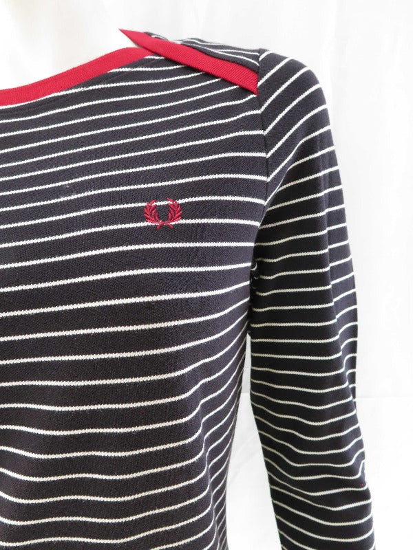 FRED PERRY Women's 3/4 Sleeve Breton Stripe T-Shirt - Classic Black & White Striped Cotton Top for Casual Wear & Layering