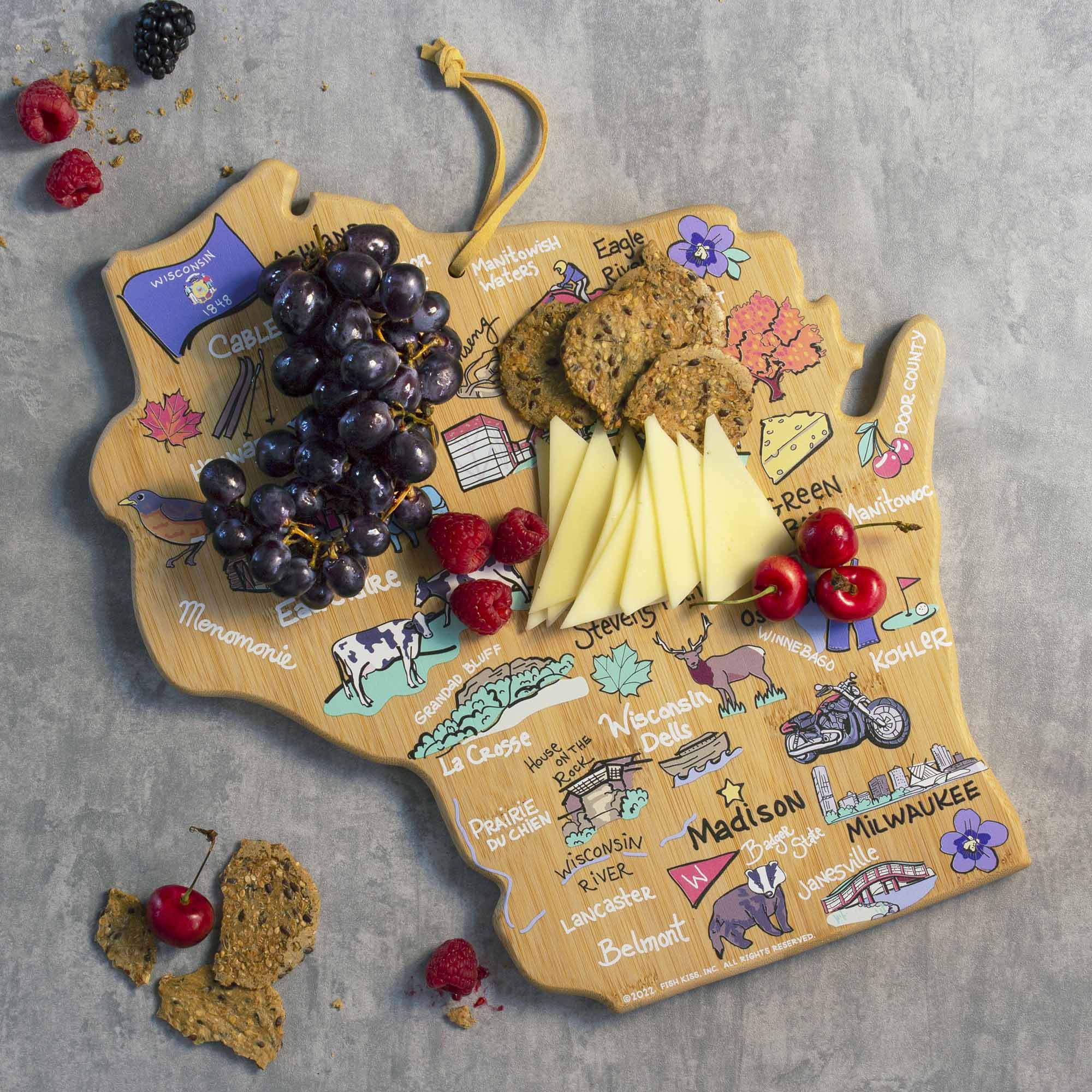 Premium Wisconsin Wooden Cutting Board with Fish Kiss™ Artwork - Durable & Stylish Kitchen Essential for Chopping, Serving & Home Decor