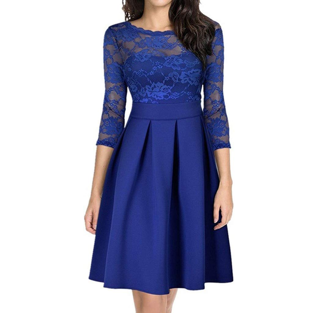 Elegant Women's Lace Hollow-Out Quarter Sleeve Casual Dress - Plus Size Floral Patchwork Cocktail Dress for Party, Wedding & Evening Events