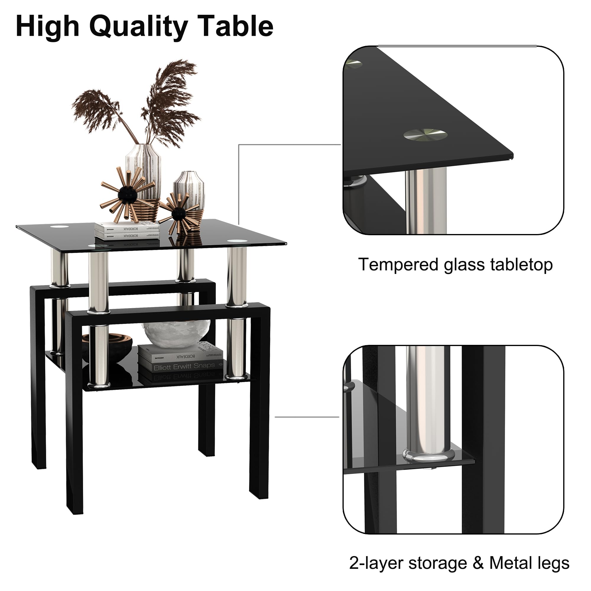 Modern 3-Piece Glass Coffee Table Set with Storage - Black Metal Leg Rectangle Tempered End & Side Tables for Living Room - Perfect for Small Spaces, Apartments & Home Decor (Black-B)