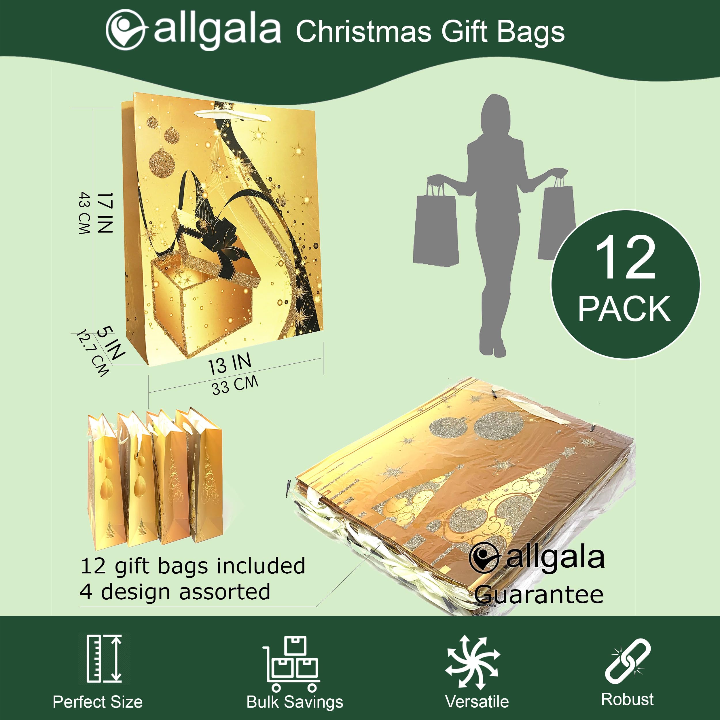 Premium Golden Christmas Printed Gift Bags - 12-Piece Set (17