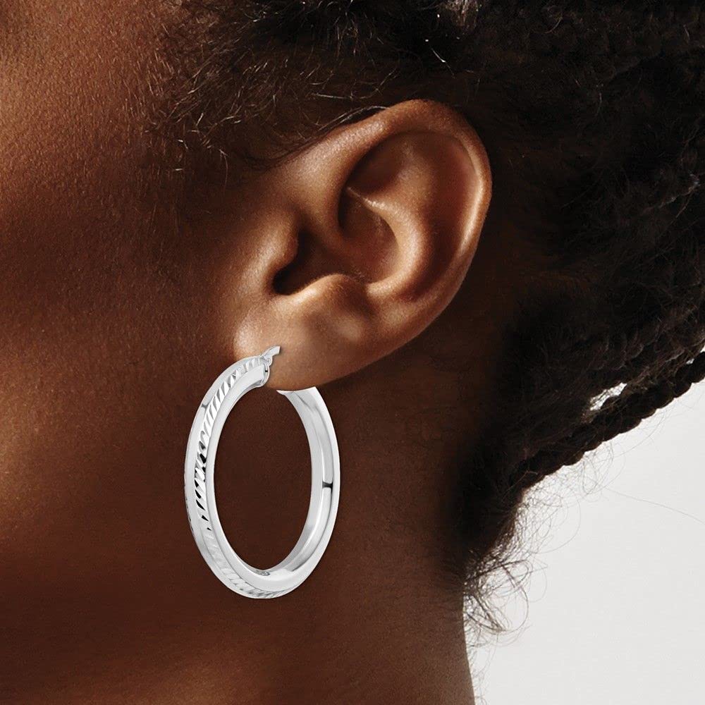Sterling Silver Rhodium-Plated 5x38mm Shiny-Cut Octagon Tube Hoop Earrings for Women - Elegant Dangle Earrings for Party, Wedding & Everyday Wear