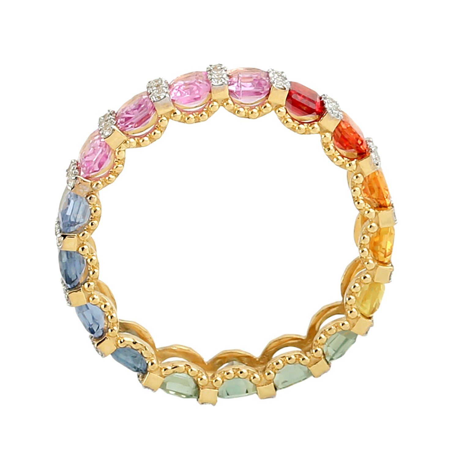 Baguette Cut Multi Sapphire Pave Diamond Eternity Band Ring in 14K Yellow Gold | Stackable Wedding Band, Anniversary Gift for Her