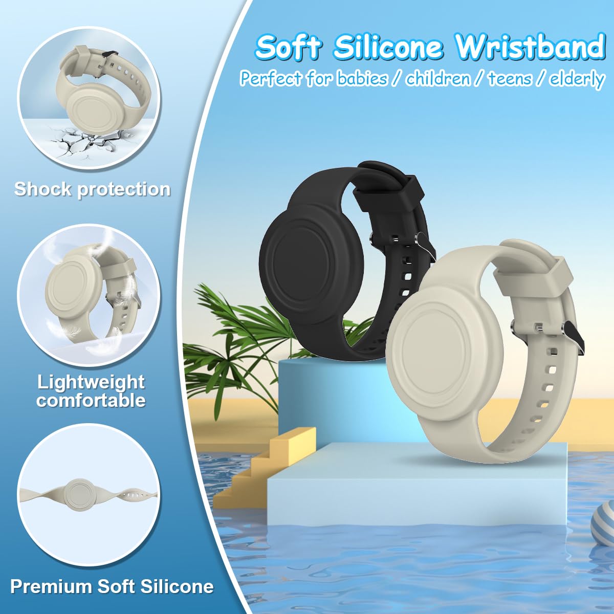 2-Pack Waterproof AirTag Bracelet for Kids & Adults - Soft Silicone Hidden Holder with Full Coverage Design - Compatible with Apple AirTag (Black & Off-White) - Perfect for Child Safety, Travel & Pet Tracking