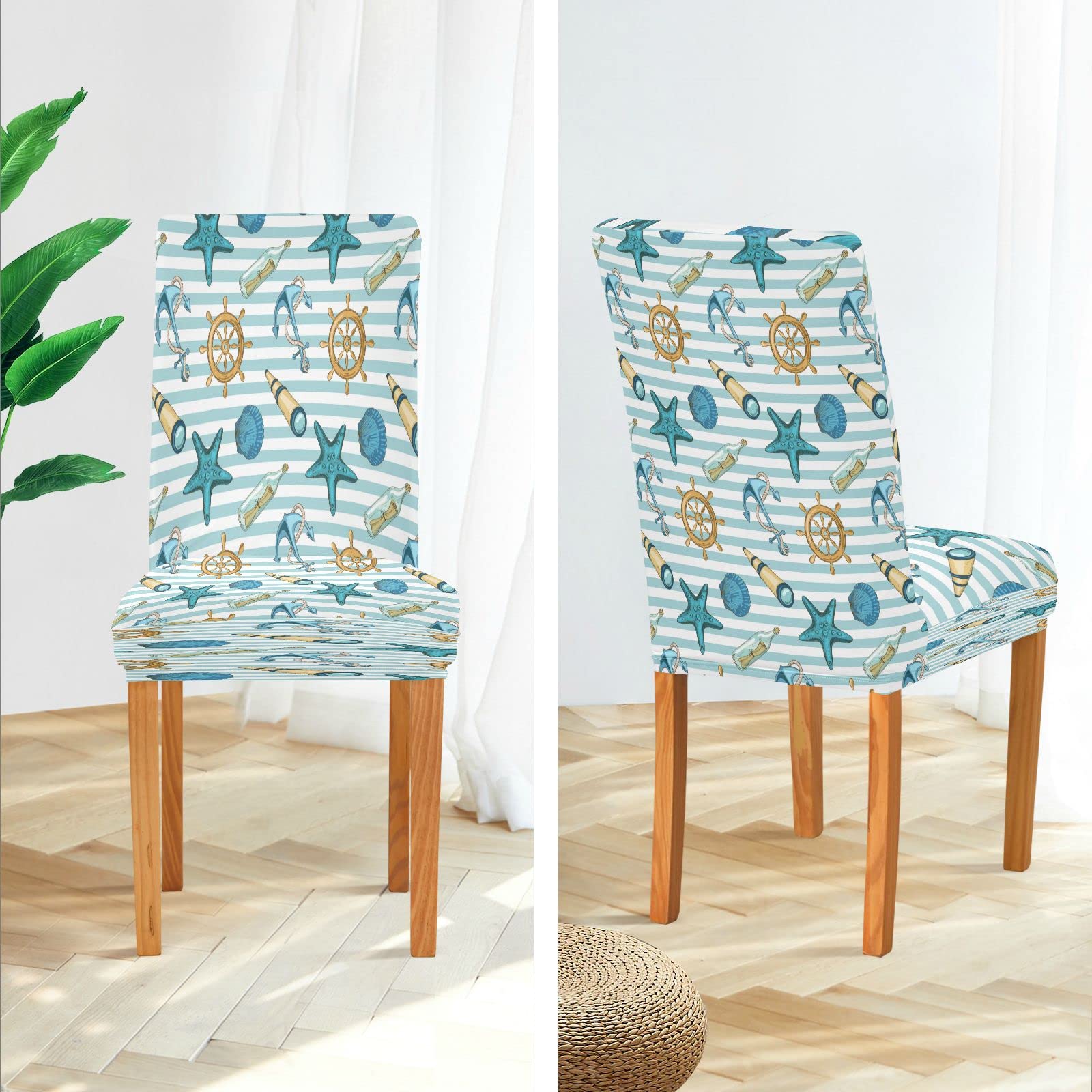Anchor Teal Starfish Seashell Chair Covers - Washable Dining Room Slipcovers (2-Pack) | Waterproof Seat Protectors for Home, Kitchen, Restaurant & Hotel | Perfect for Coastal Decor & Beach-Themed Events