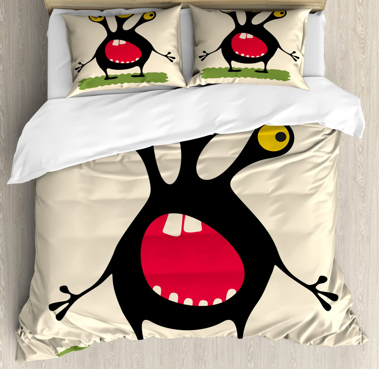 Ambesonne Alien Duvet Cover Set - King Size 2-Pack with 2 Duvet Covers & 4 Pillowcases, Cartoon Style Funny 3-Eyed Monster Design in Champagne Multicolor | Perfect for Kids' Bedroom, Sci-Fi Themed Decor, and Unique Gift Ideas