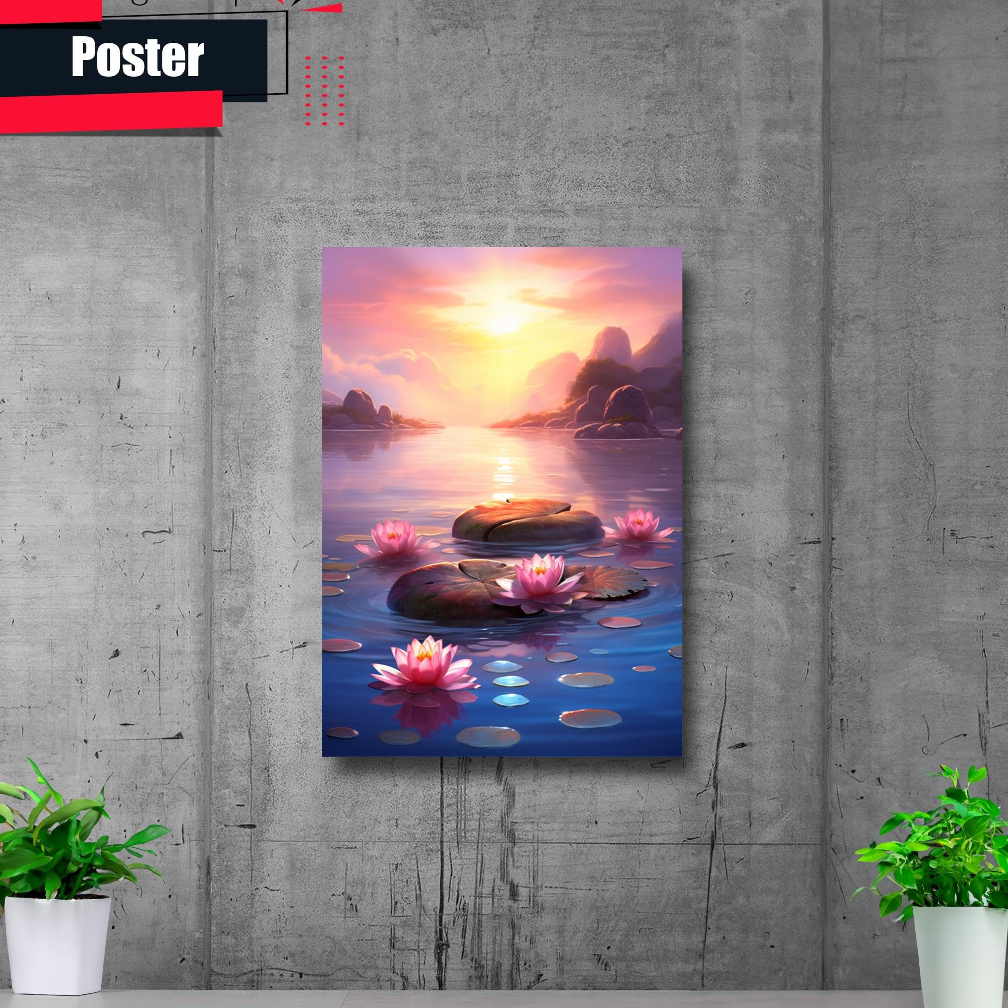 Zen Wall Art Decor - Framed Zen Garden Poster with Stone & Flower Print, Peaceful Water Sunset Meditation Artwork for Yoga Studio, Home, Office & Meditation Spaces | Perfect for Relaxation & Mindfulness Decor