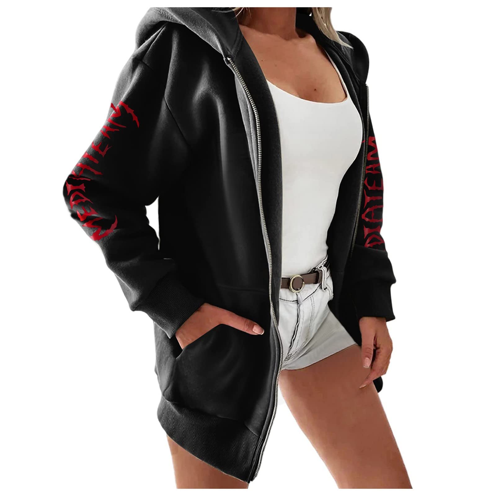 Women's Casual Long Sleeve Halloween Print Zipper Hooded Sweatshirt - Cozy Fall Outerwear for Pumpkin Patch, Trick-or-Treating & Autumn Adventures