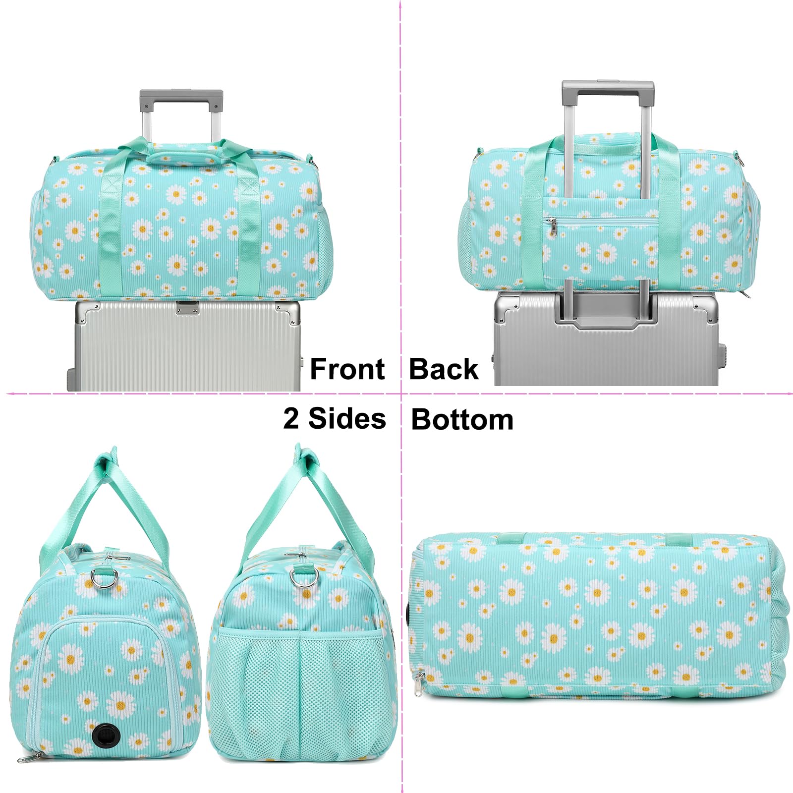 Corduroy Gym Bag for Women - Sports Duffle Ballet Dance Weekender Overnight Yoga Cheer Bag with Separate Wet/Dry Pocket & Shoe Compartment - Perfect for Gym, Travel & Dance Class (Green Daisy)
