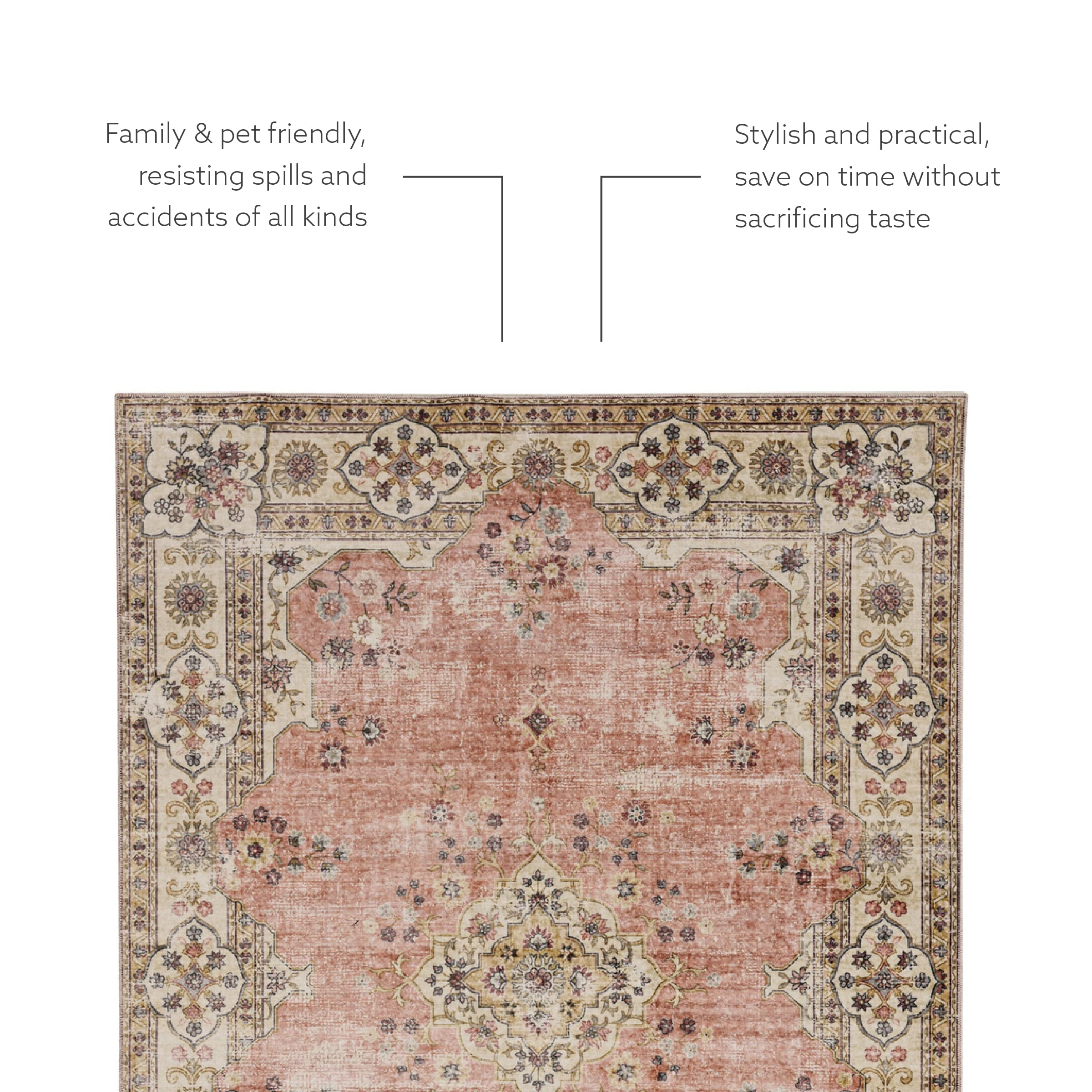 Linon The Anywhere Washable Rug - Colton Pink/Ivory 5' X 7' Area Rug - Soft Non-Slip Floor Mat for Living Room, Bedroom, Nursery & Dorm Decor