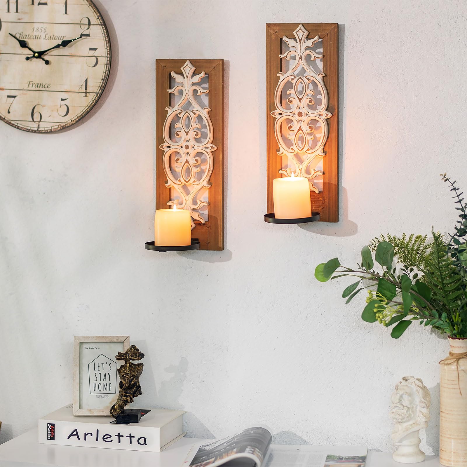 Rustic Wood Candle Sconces Wall Decor - Set of 2 Farmhouse Wall Candle Holders, Hand Carved Brown Candle Sconce for Fireplace, Mantel, Bedroom & Bathroom Decor | Distressed Pillar Candle Holders for Cozy Home Ambiance