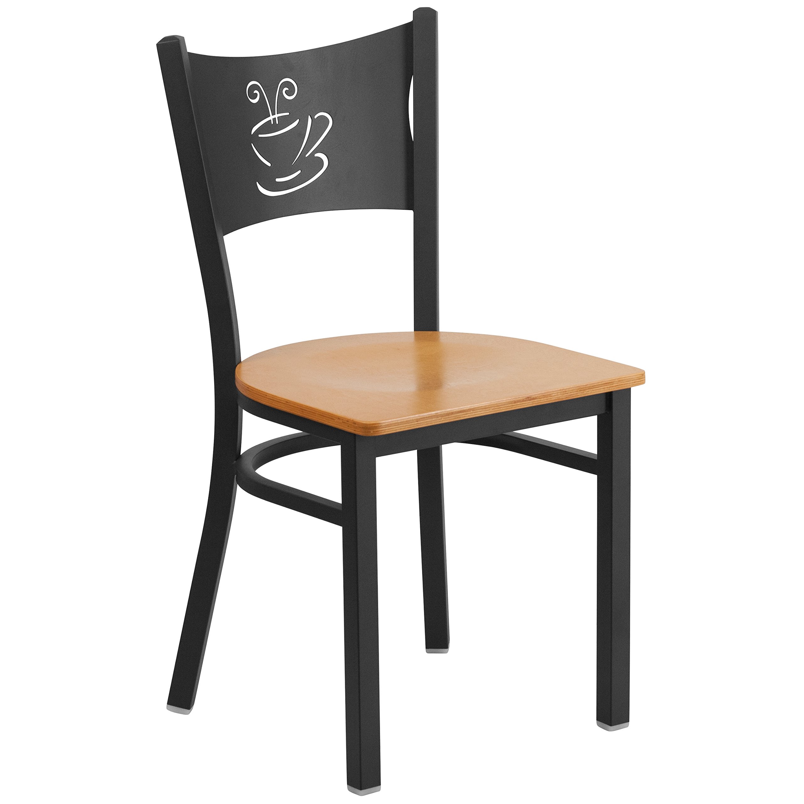 EMMA + OLIVER Black Coffee Metal Restaurant Chair with Natural Wood Seat - Modern Cafe Bistro Dining Chairs for Restaurant, Coffee Shop, and Home Kitchen Use