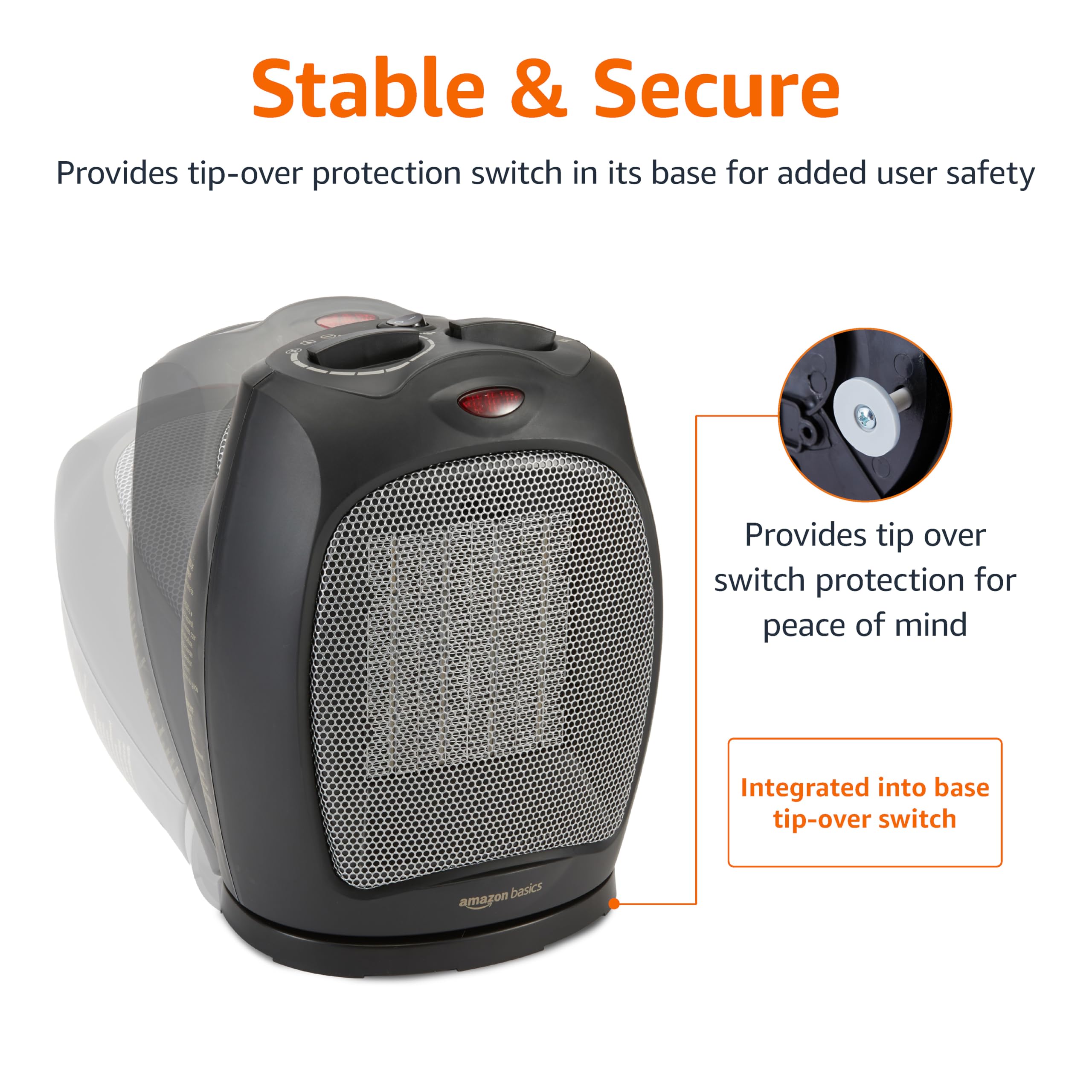 Amazon Basics Oscillating Ceramic Space Heater - 1500W Portable Indoor Heater with Thermostat, Overheat & Tip-Over Protection for Home, Office, Bedroom - Compact 7.52