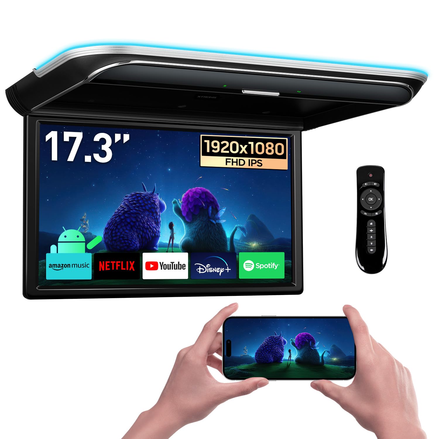 XTRONS 17.3-inch FHD Android 9.0 Car Overhead Flip Down Monitor - 8K 1080P IPS Screen, Octa-Core Processor, HDMI/USB/AV/IR Inputs - Perfect for Road Trips, Family Entertainment, and Business Presentations