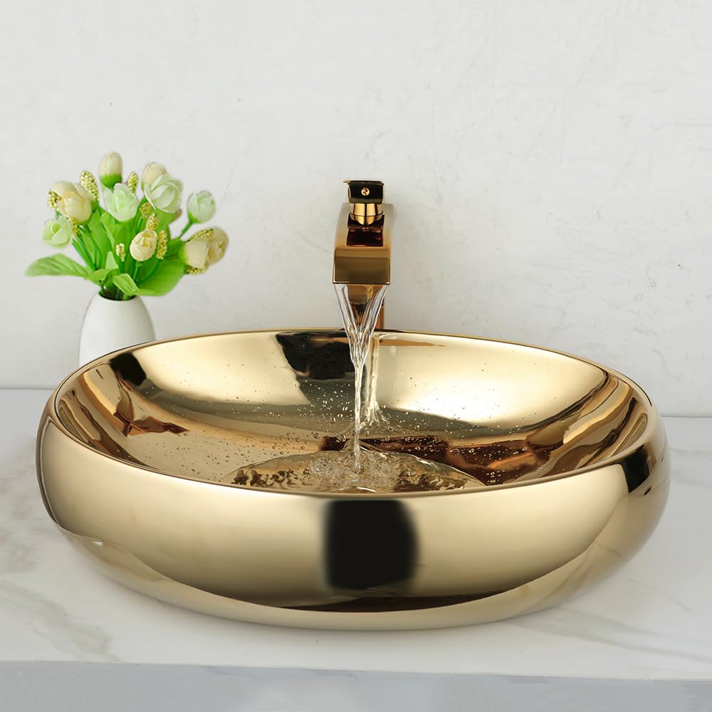 23 Inch Gold Ceramic Vessel Sink with Waterfall Faucet & Pop-Up Drain - Modern Oval Bathroom Sink Basin for Above Counter Installation - Perfect for Spa, Master Bath & Luxury Home Decor