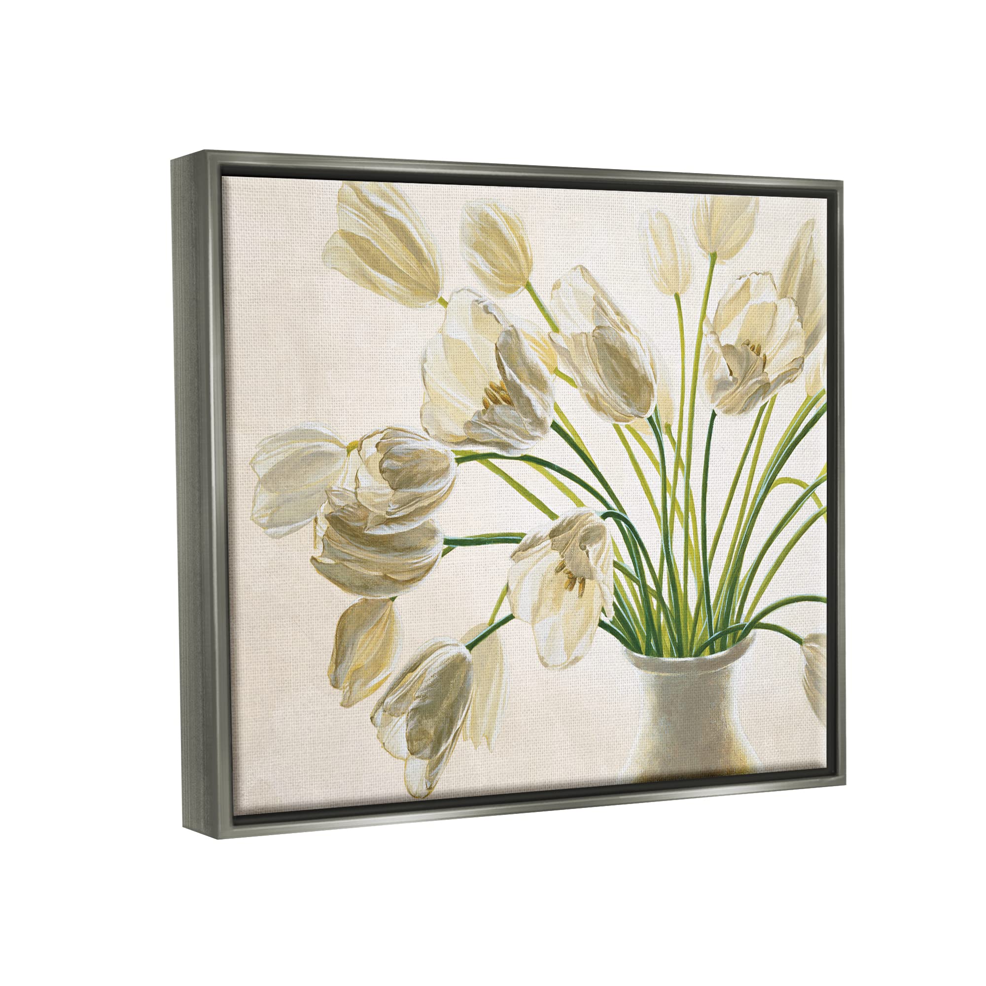 Stupell Industries Tranquil White Tulip Bouquet in Country Vase - Floater Frame Wall Art by Eva Barberini | Perfect for Living Room, Bedroom & Office Decor