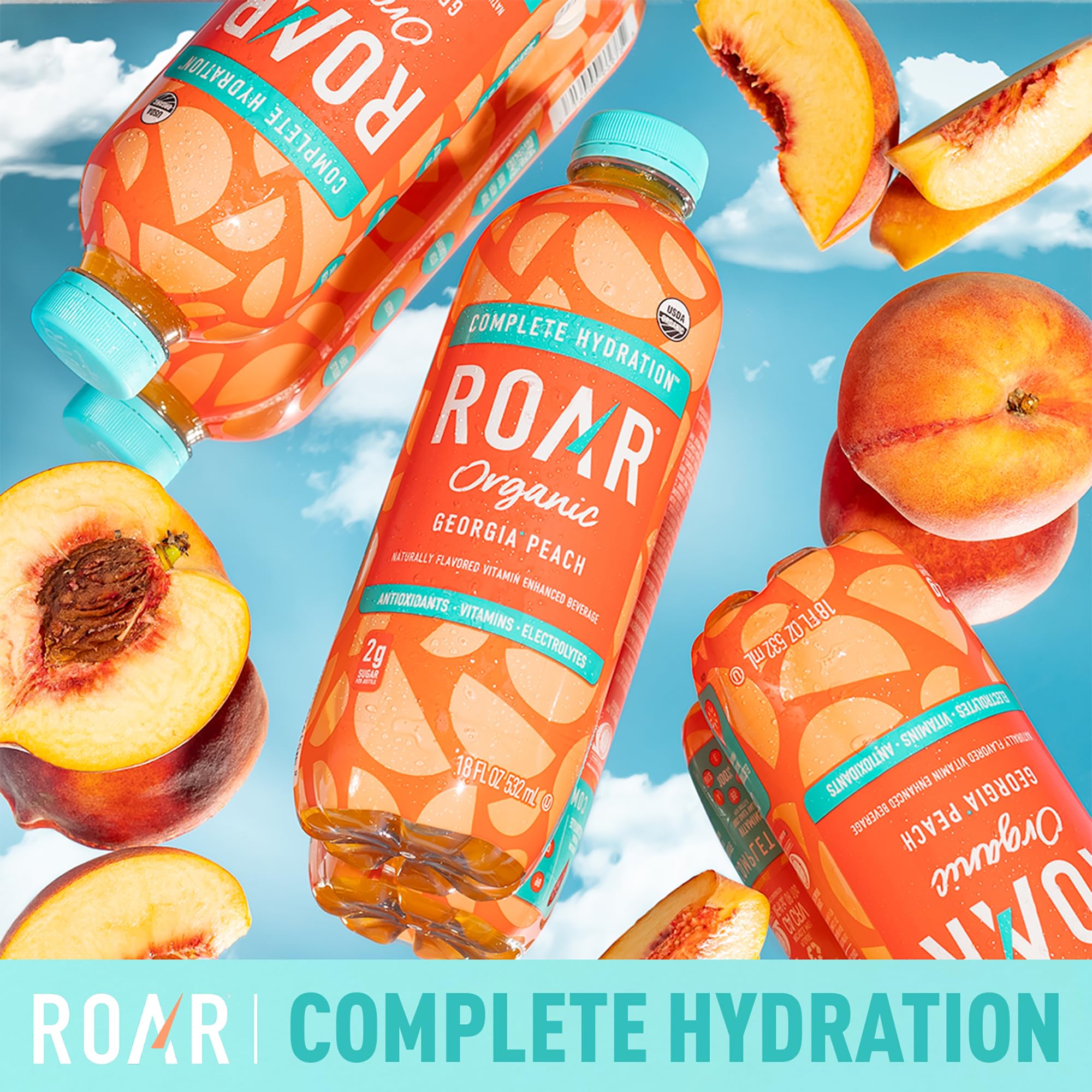 Organic ROAR Complete Hydration Electrolyte Drink with Vitamins C, B5 & B12 - Non-GMO, Gluten-Free, Peach Flavor (12 Pack) - Perfect for Workouts, Sports & Daily Hydration