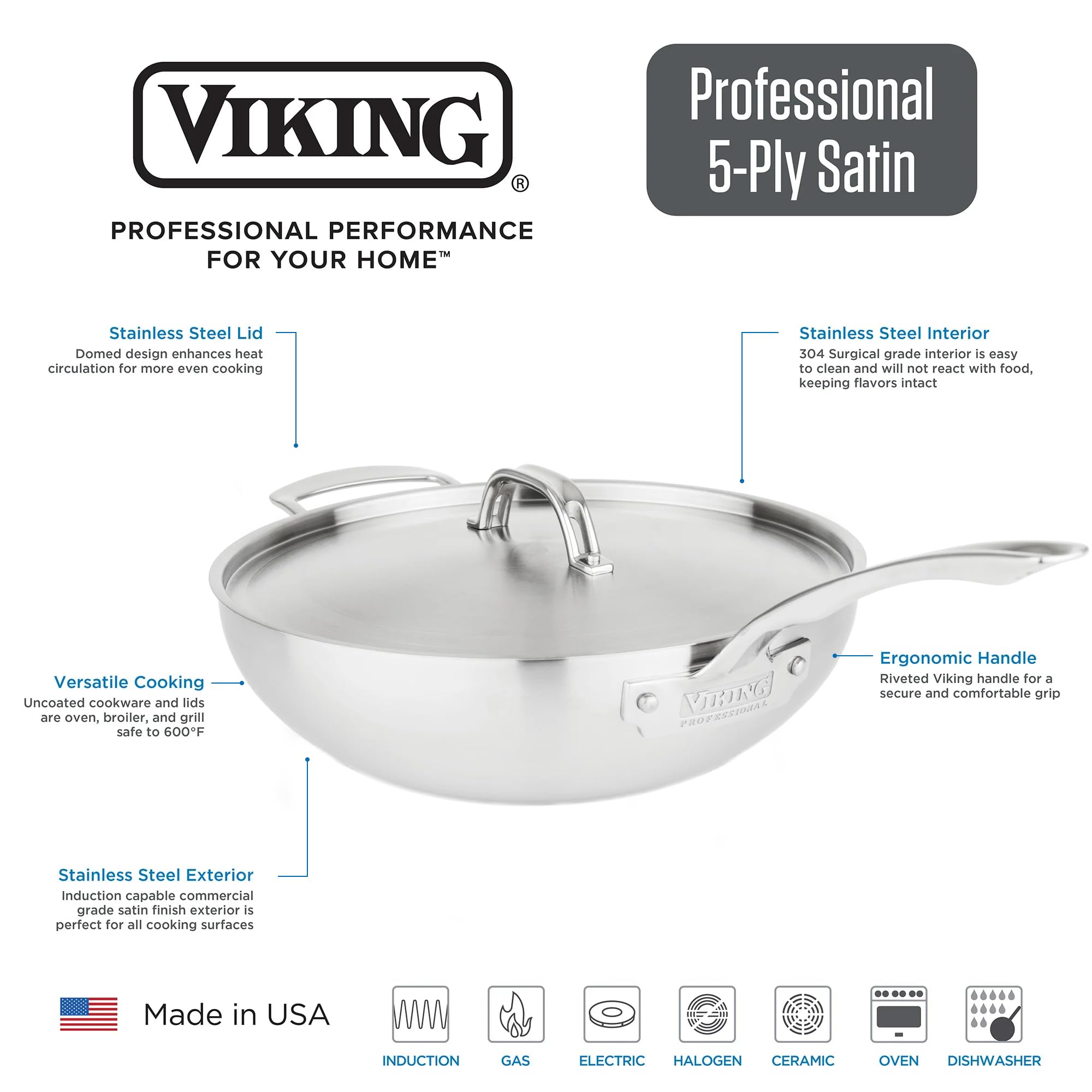 Viking 5-Ply Professional Chef Pan - 12 Inch Stainless Steel Saute & Frying Pan with Lid - Oven & Dishwasher Safe - Induction Compatible - Perfect for Searing, Stir-Frying & Braising - Ideal for Home Chefs & Professional Kitchens