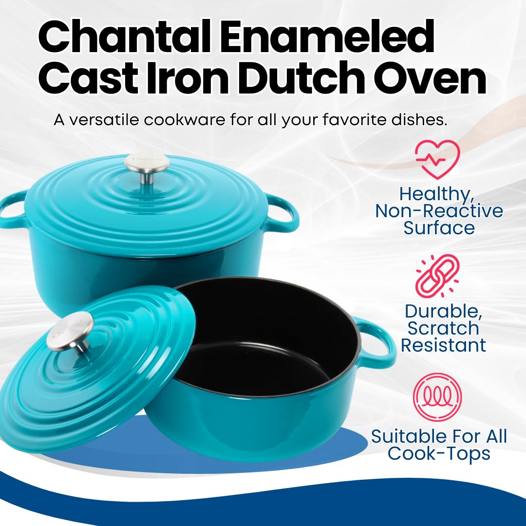 Premium Chantal Enameled Cast Iron Cookware 5-Piece Set - Durable Sea Blue Dutch Oven & Skillet for Baking, Roasting & Serving - Perfect for Kitchen, Camping & Gift Giving
