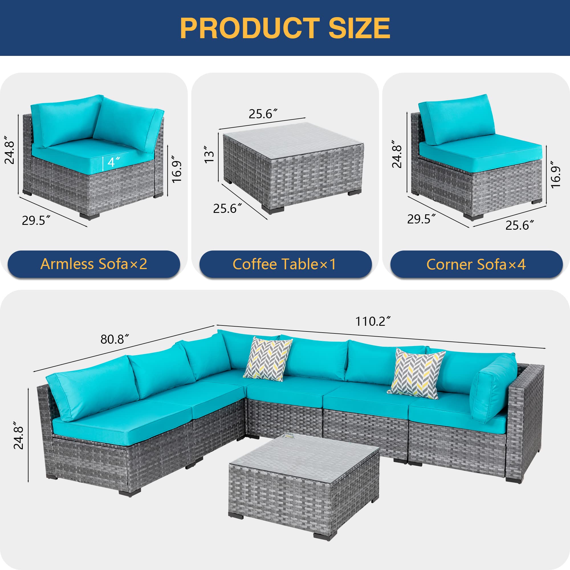 JAMFLY 7-Piece Wicker Patio Furniture Set, Outdoor Rattan Sofa Conversation Set with Washable Cushions & Glass Coffee Table - Light Blue - Perfect for Garden, Backyard, Poolside & Porch Relaxation