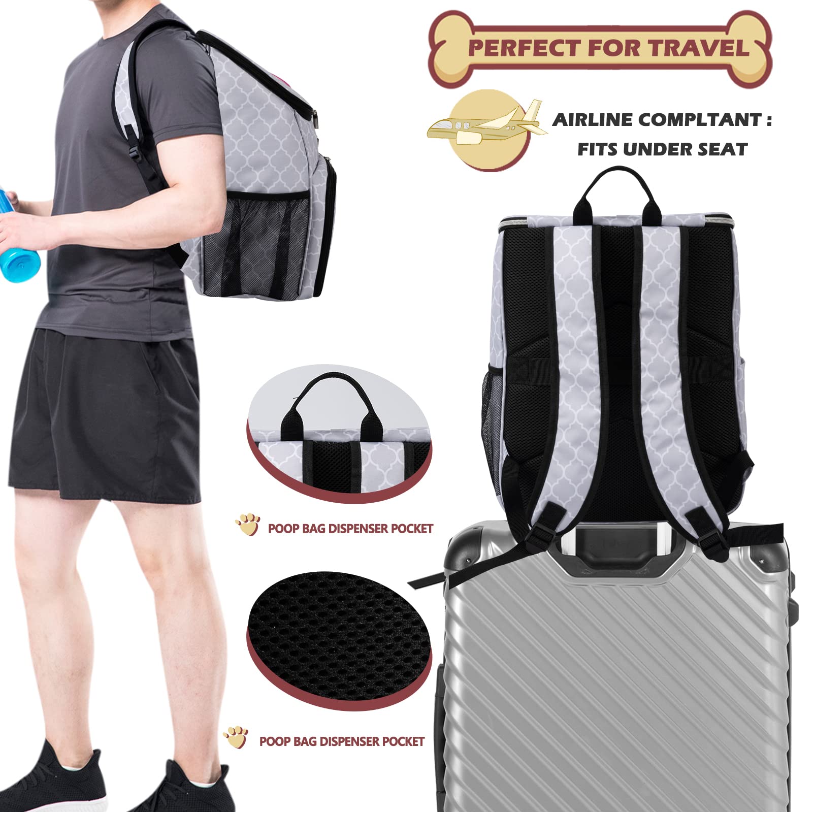 BAGLHER Airline Approved Pet Travel Backpack for Dogs - Waterproof Dog Carrier with 2 Collapsible Bowls & Food Containers - Perfect for Air Travel, Hiking, and Outdoor Adventures (DL White)