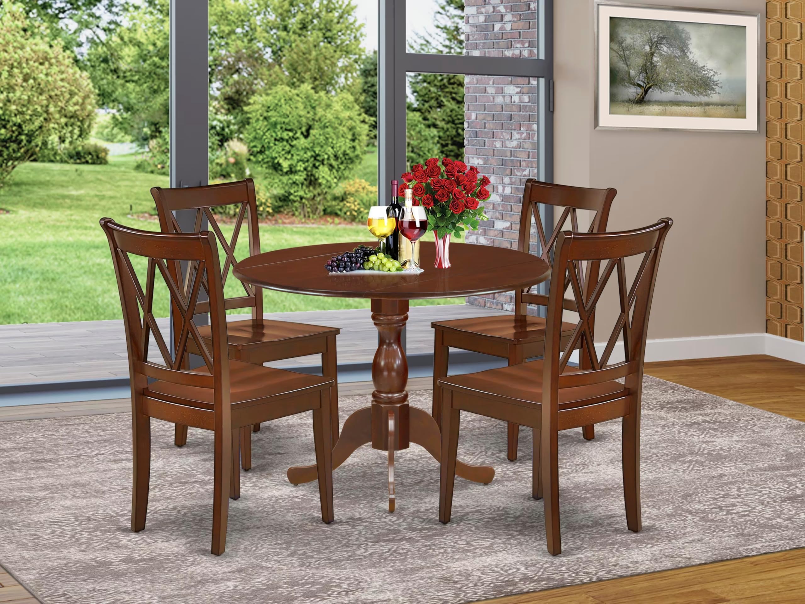 East West Furniture DMCL5-MAH-W 5-Piece Round Kitchen Dining Set with Drop Leaf Table & 4 Chairs, 42x42 Inch, Mahogany - Perfect for Small Spaces, Breakfast Nooks & Cozy Family Meals