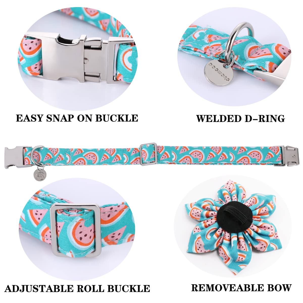 DOGWONG Summer Watermelon Dog Collar with Bowtie - Green Fruit Pattern Adjustable Pet Collar for Small Medium Large Dogs - Perfect for Summer Outings, Beach Trips & Pet Photoshoots