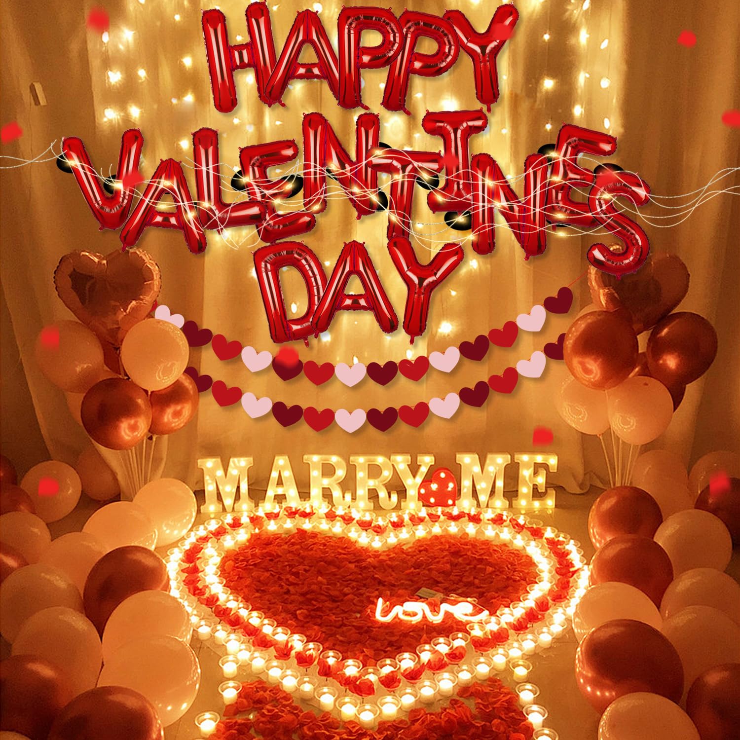 Valentine's Day Balloons & Party Decorations Set - Happy Valentine's Day Balloons, Heart Banner, Rose Petals & String Lights for Wedding & Romantic Celebrations | Perfect for Valentine's Party, Anniversary & Proposal Decor