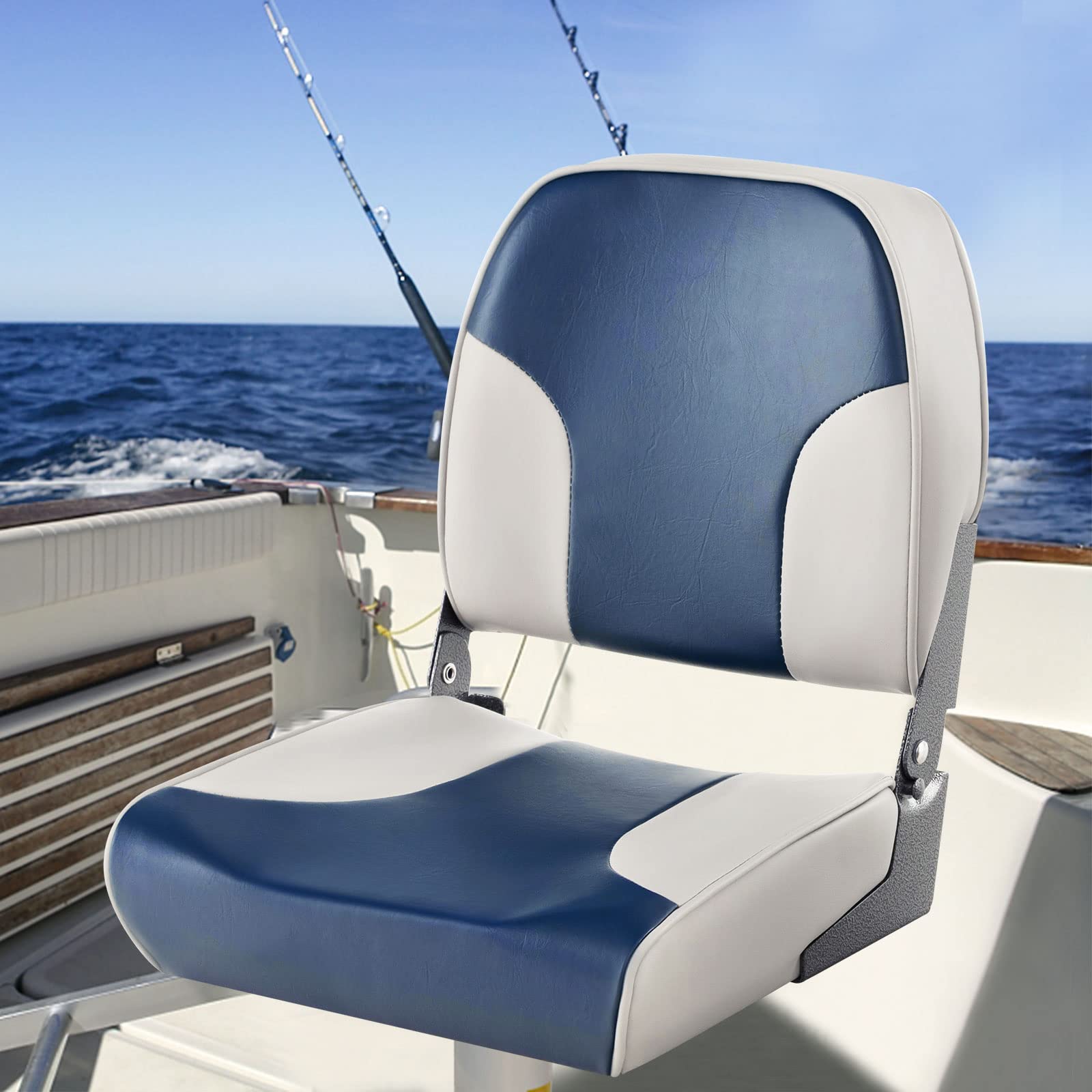 COSTWAY Folding Boat Chairs, 2 Pack Marine Seats with Long Fixing Straps & Stainless Steel Screws, Ergonomic Yacht Seats with Thick Foam & Metal Hinges (Sky Blue) - Perfect for Boating, Fishing, and Outdoor Relaxation