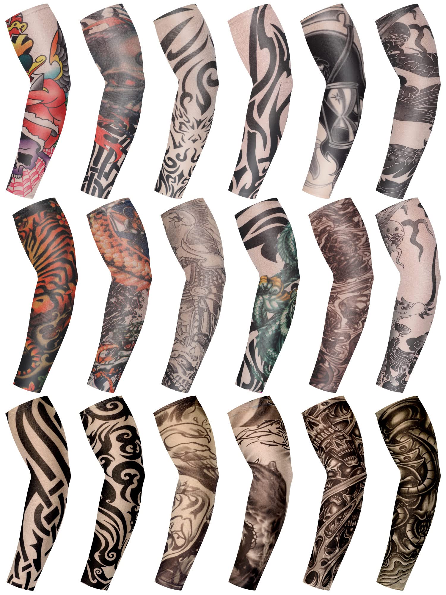 Geyoga 18 Pcs Men's Tattoo Sleeves - Fake Temporary Arm Tattoos, UV Sun Protection Sleeves & Cosplay Accessories for Halloween, Parties & Costume Events