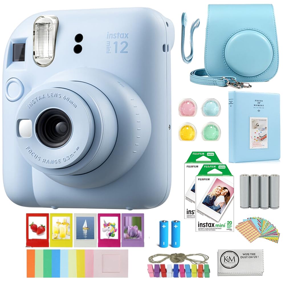 FUJIFILM INSTAX Mini 12 Instant Camera - Pastel Blue with 40 Exposures Film, Accessory Bundle, AA Batteries & Cleaning Cloth | Perfect for Parties, Travel & Instant Photo Gifts
