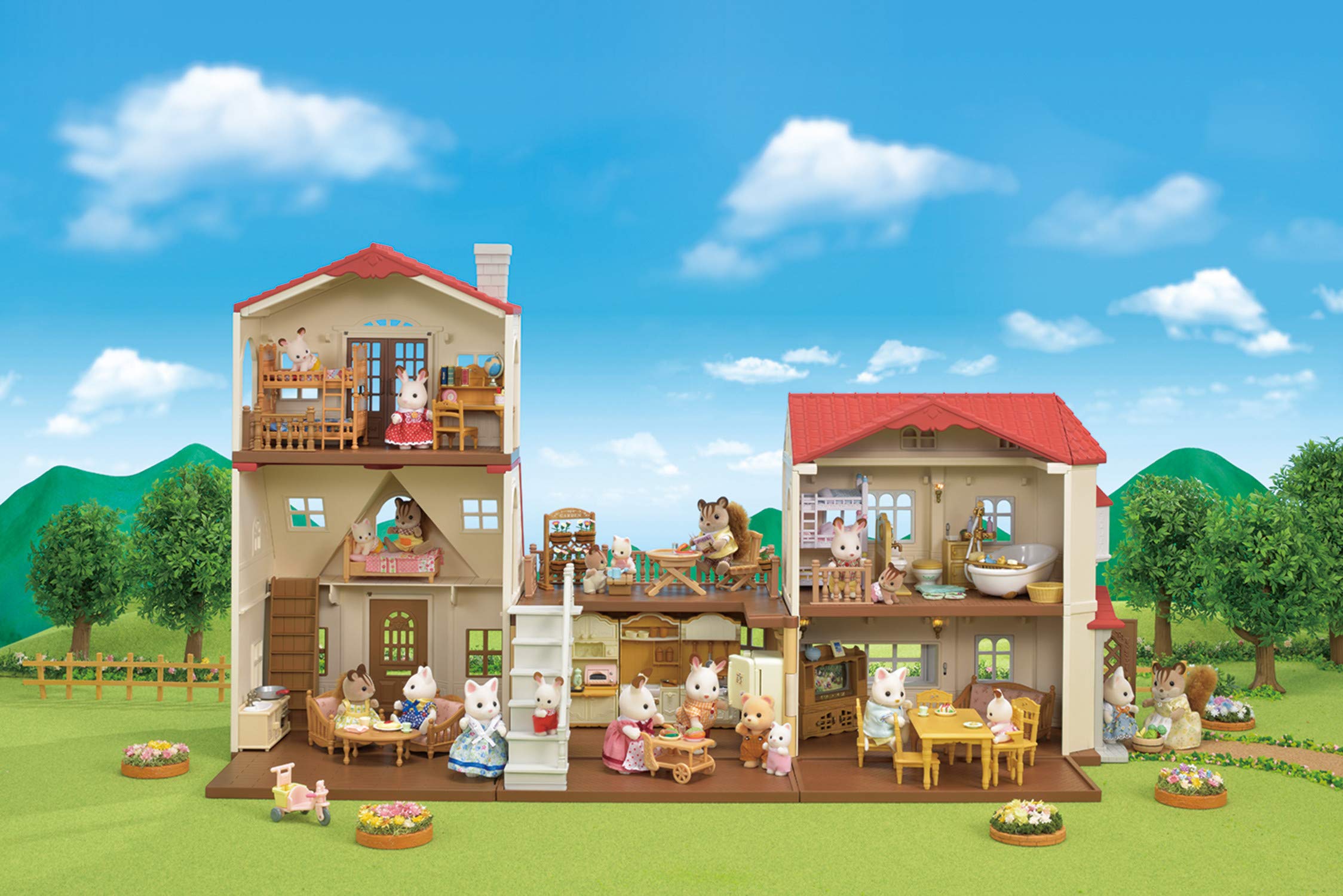 Calico Critters Red Roof Grand Mansion Dollhouse Playset - 3 Figures, Furniture, Vehicle & Accessories | Perfect Gift for Kids & Collectors | Pretend Play, Room Decor & Display