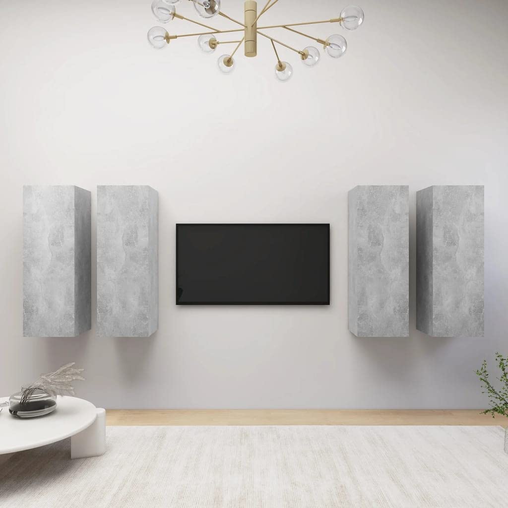4-Piece Wall Mounted TV Cabinet Set with 12 Storage Compartments - Solid Wood Entertainment Center TV Stand for Bedroom, Living Room & Office - Modern Concrete Gray Shelving Unit for Home Organization & Media Storage