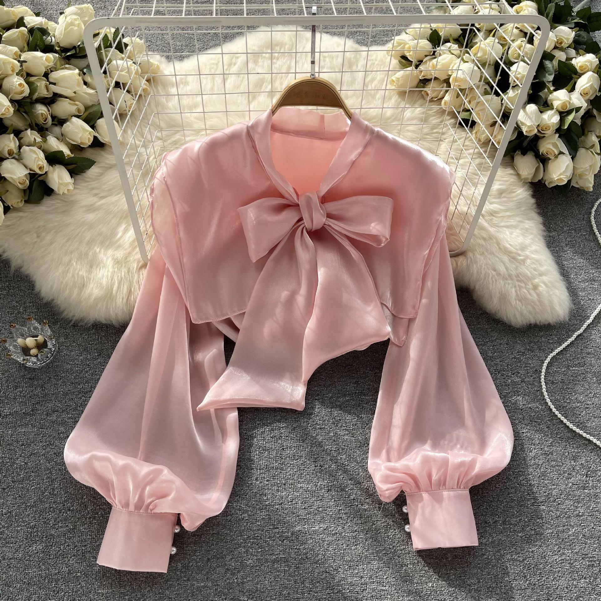 French Sweet Bowknot Lantern Sleeve Blouse - Women's Elegant Autumn Dress Top with Streamer Details | Perfect for Fall Weddings, Office Wear & Date Night Outfits