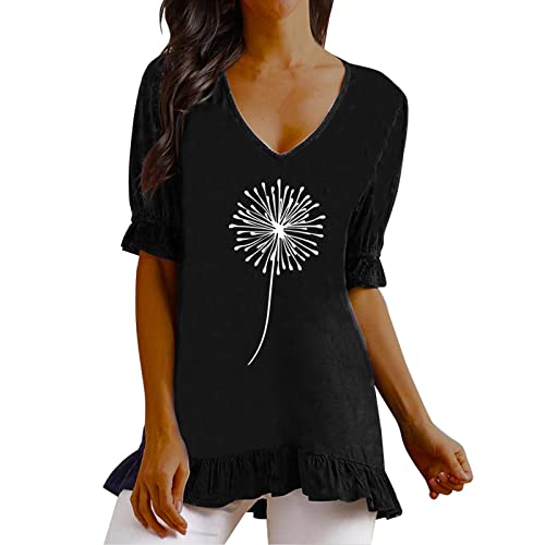 Women's Summer Floral Printed V-Neck Ruffle Short Sleeve Linen Top - Casual Blouse for Women (Black, XXL) | Perfect for Beach Outings, Picnics & Summer Vacations