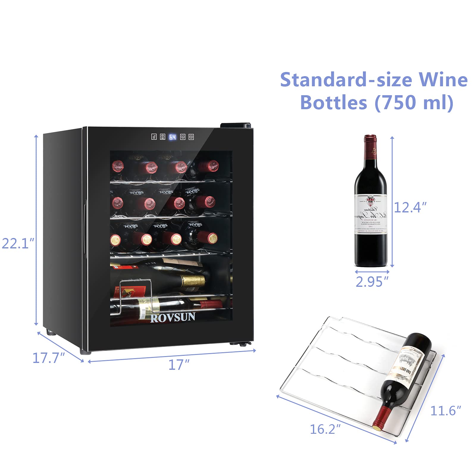 ROVSUN 16 Bottle Wine Cooler Refrigerator - Freestanding Compressor Wine Chiller with Digital Temperature Control & Double-Layer Glass Door - Perfect for Storing Red Wine, White Wine, Champagne and Beer - Ideal for Home Bars, Restaurants, and Entertaining Guests