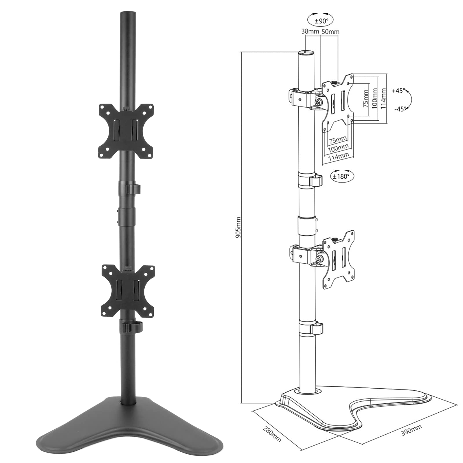 BEMATIK.COM Cablematic – Dual Vertical Monitor Stand with VESA 75/100 Mount - Perfect for Office Workstations & Gaming Setups